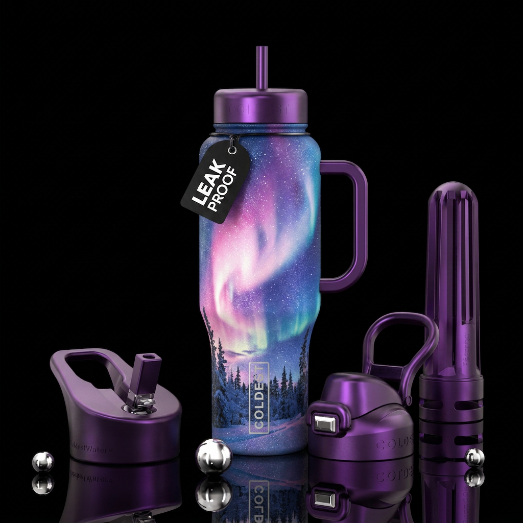 Forest land with wide landscape, aurora boralis al... water bottle design