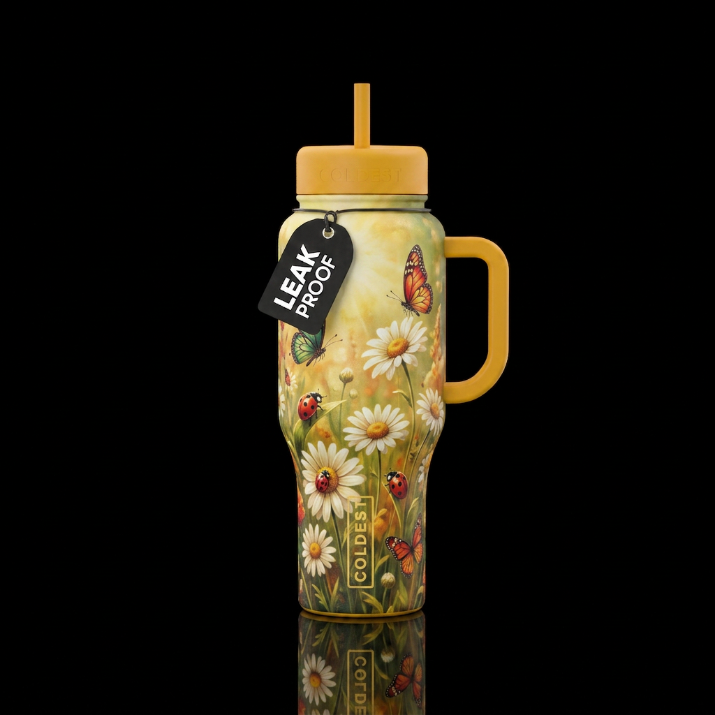 Daisies, lady bugs, and butterflies, vintage, real... water bottle design
