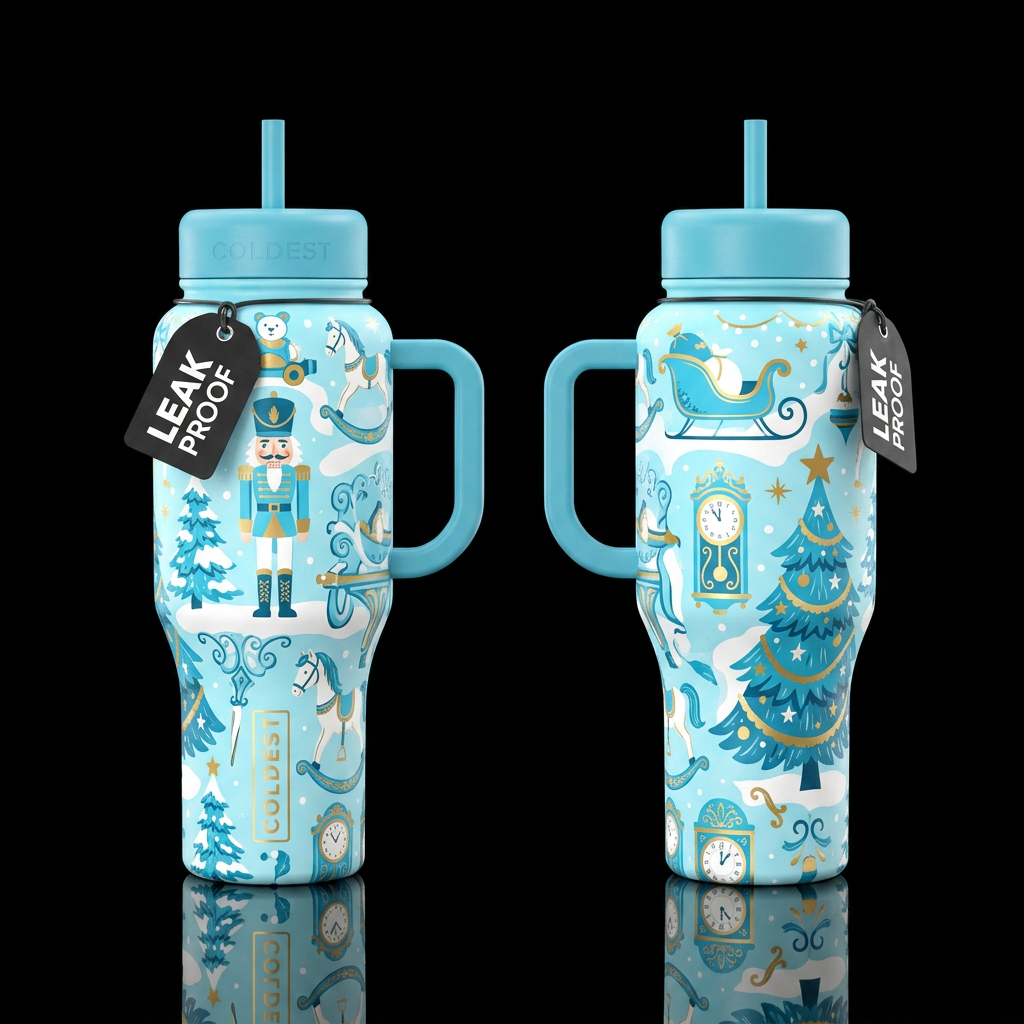 Light Blue, white and gold whimsical old time Chri... water bottle design