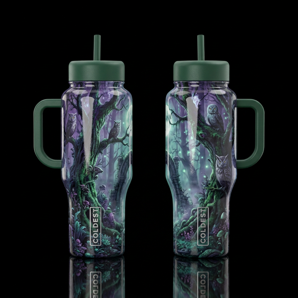 Spooky Owl, enchanted forest, Halloween, gothic, g... water bottle design