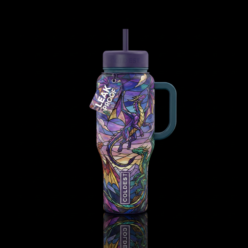 Stained Glass Sky Dragons water bottle design