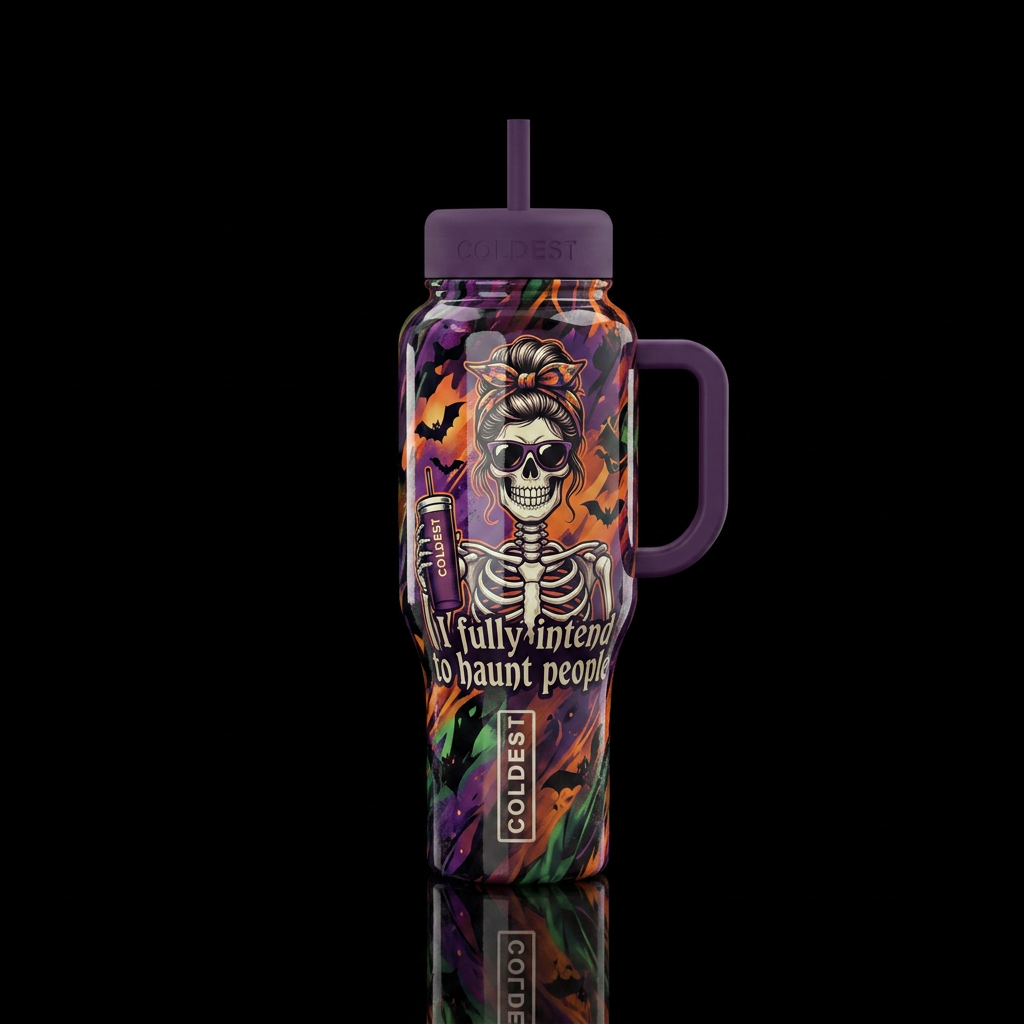 Female skeleton, hair, bandana, glossy, bats, hold... water bottle design