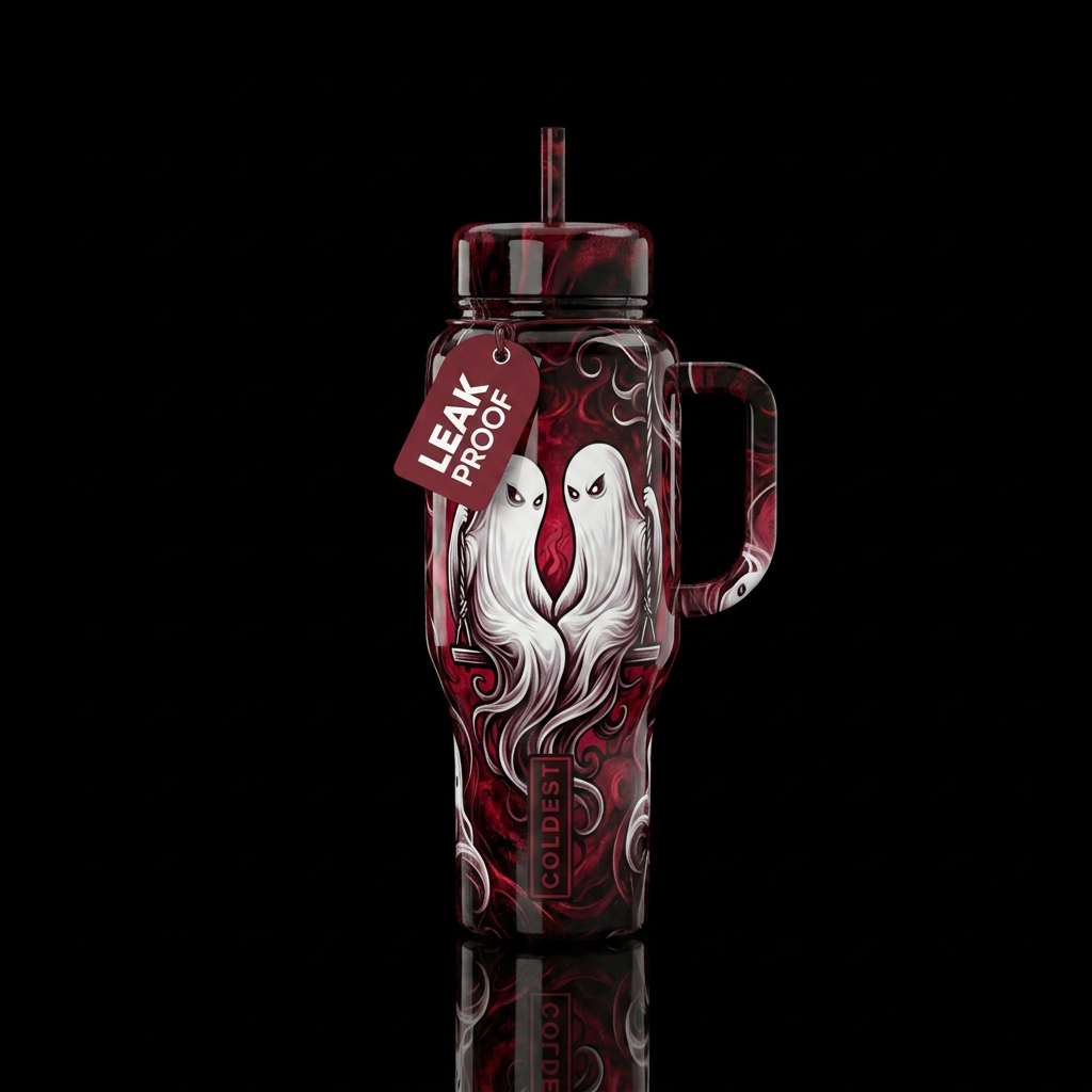 Ghost Love, gothic, white ghosts on swing gazing i... water bottle design
