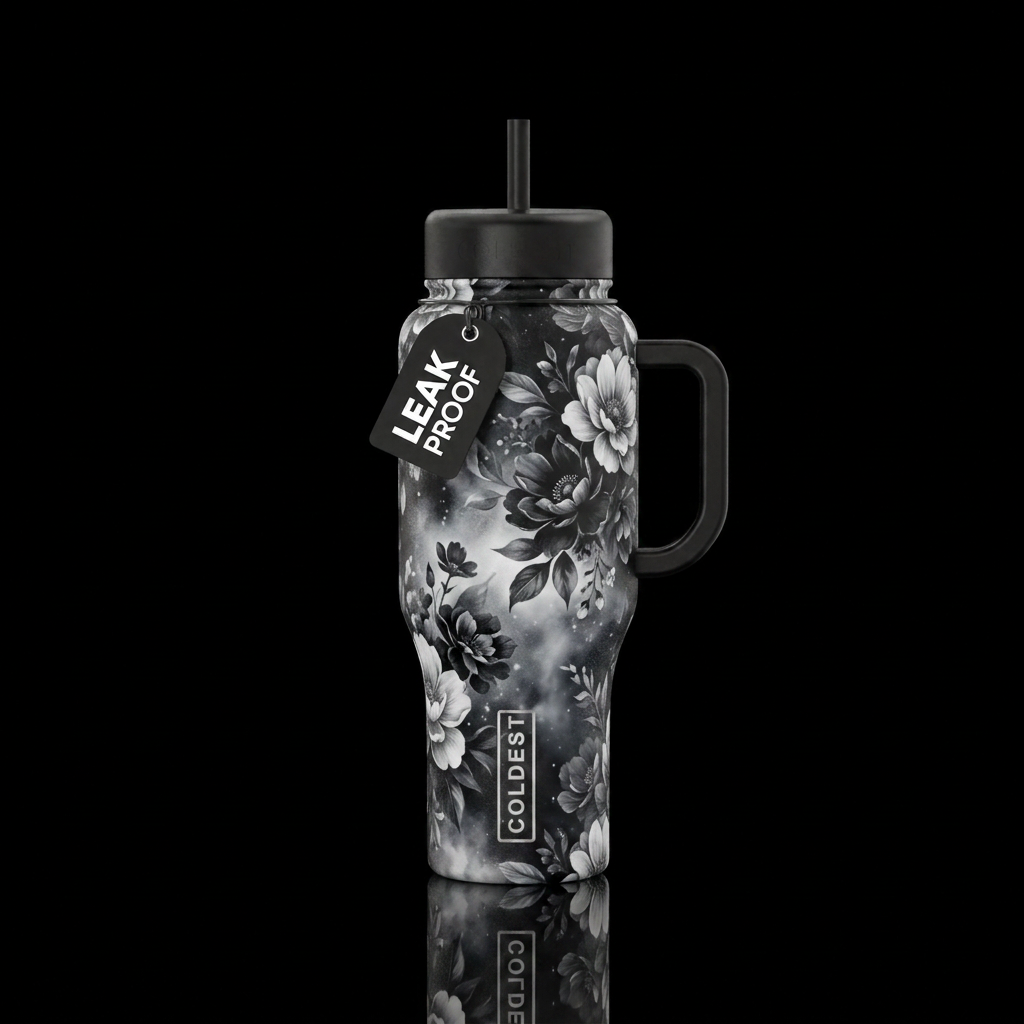 monochromatic floral water bottle design