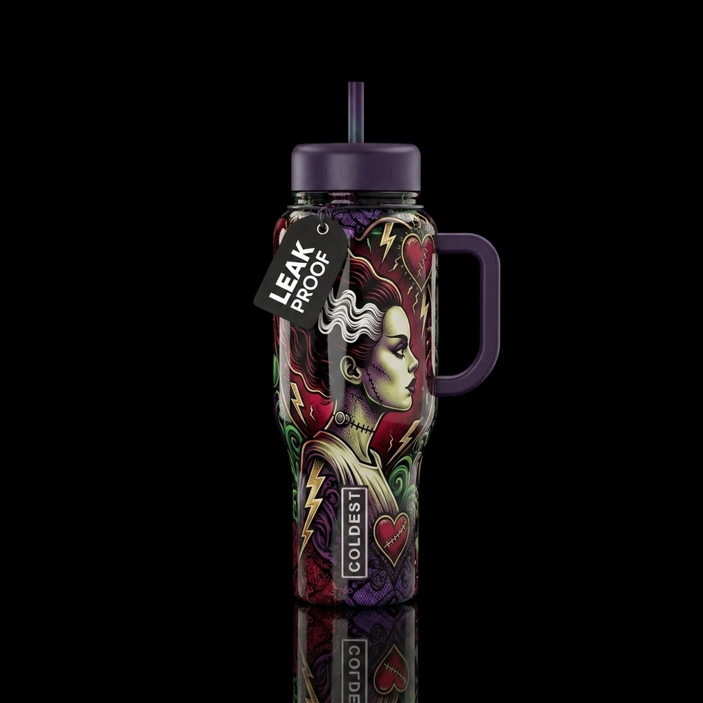 Bride of Frankenstein, high detail, Halloween, glo... water bottle design