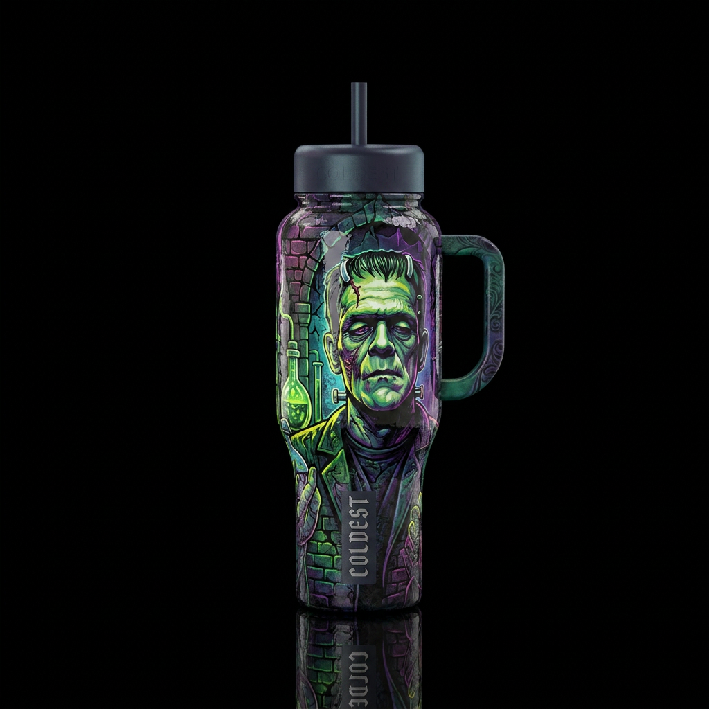 Frankenstein, high detail, horror, gothic, Hallowe... water bottle design