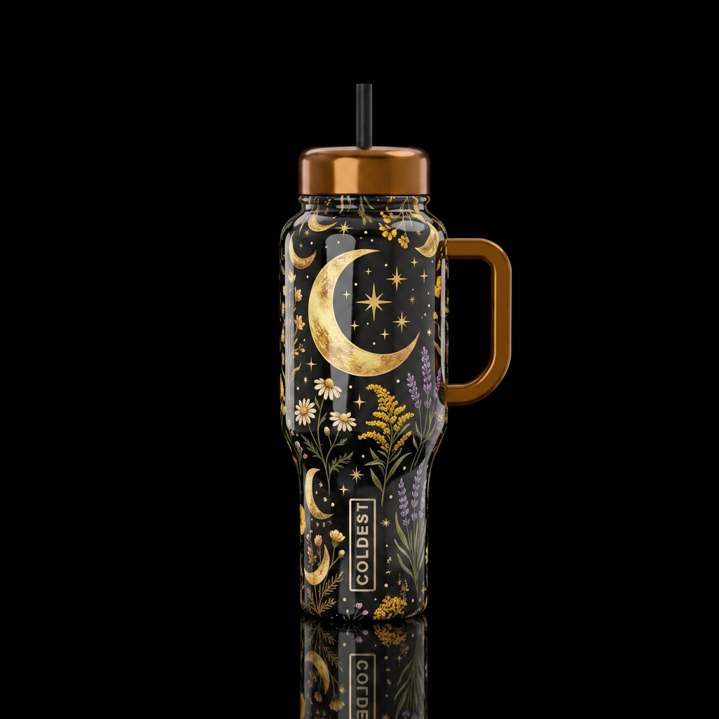 Golden Moon Starry Night Wildflower Botanical Illu... water bottle design