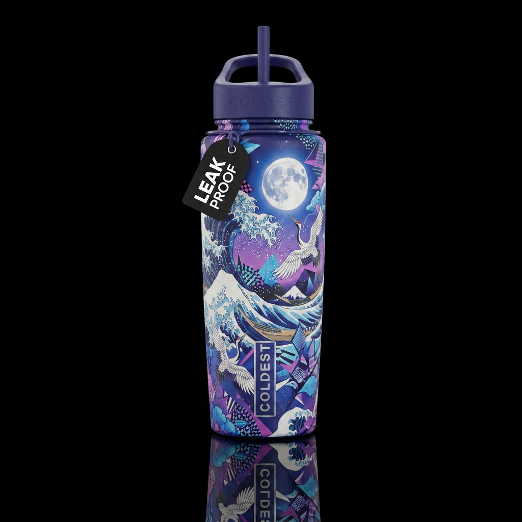 Eternal Waves, cranes, moon, punks, blues, purples... water bottle design