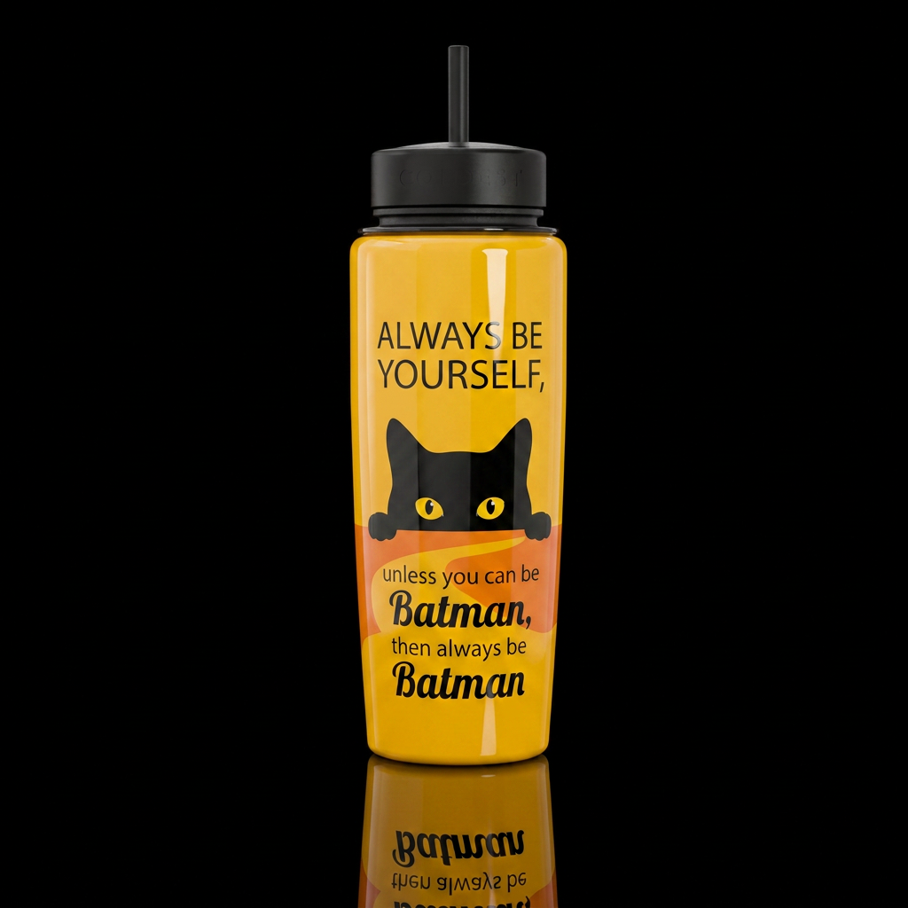 Yellow bottle with black cats face at edge of oran... water bottle design