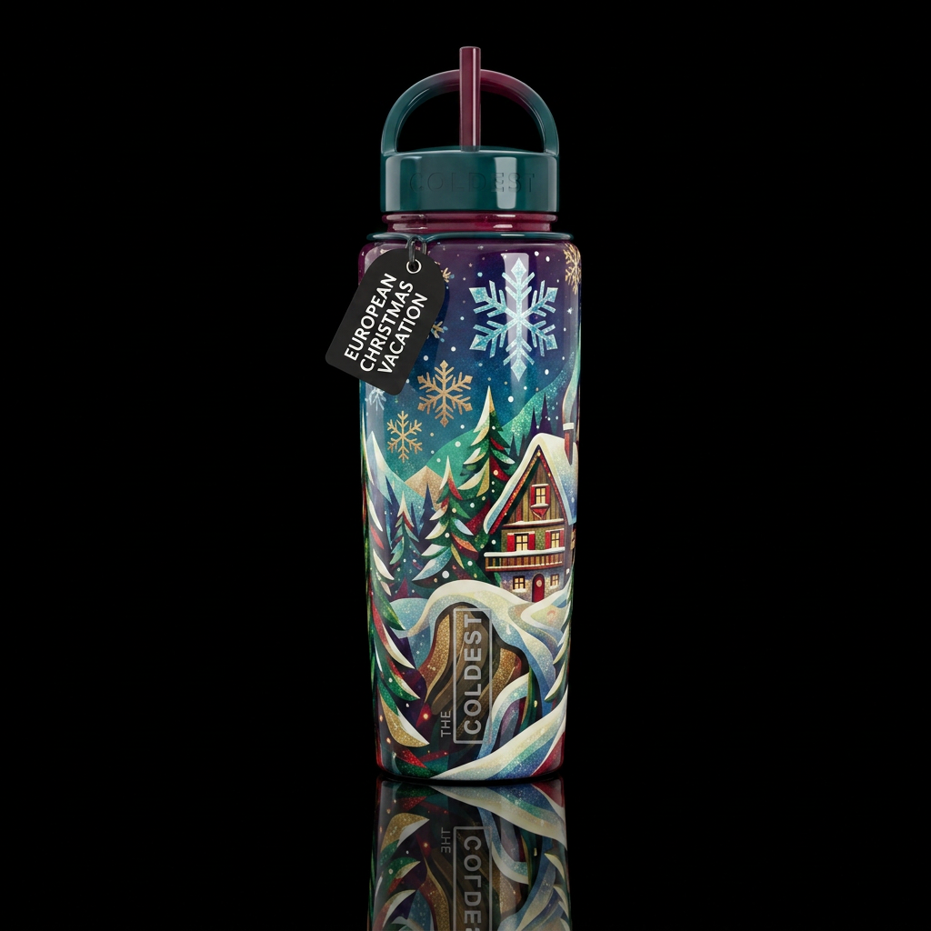 European Christmas, snowbound, chalet, hu... water bottle design