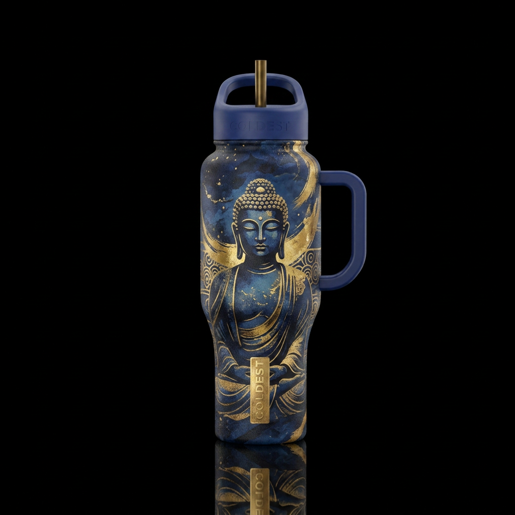 Buddha in Blue and Gold, beautiful abstract of nig... water bottle design