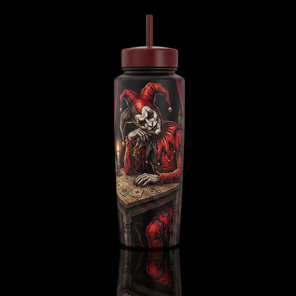 Grim Jester, full dress in red and black old jeste... water bottle design