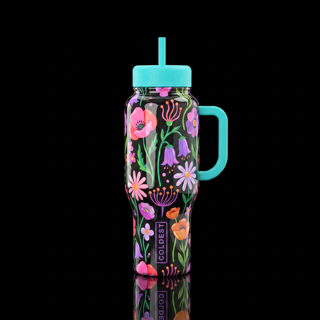 Fanciful Flowers, whimsical, bright lids and handl... water bottle design