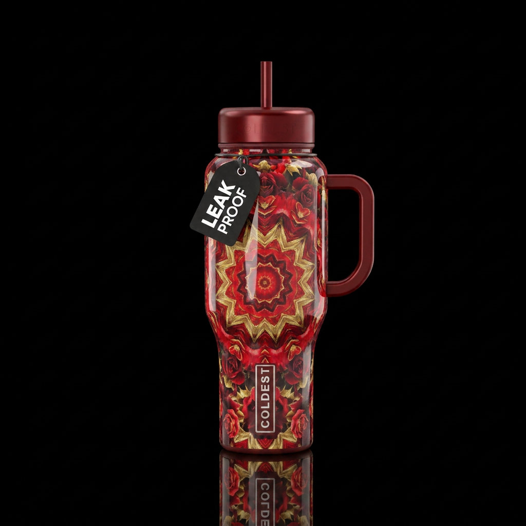 Red Rose Mandela, fiery floral Kalidascope, abstra... water bottle design