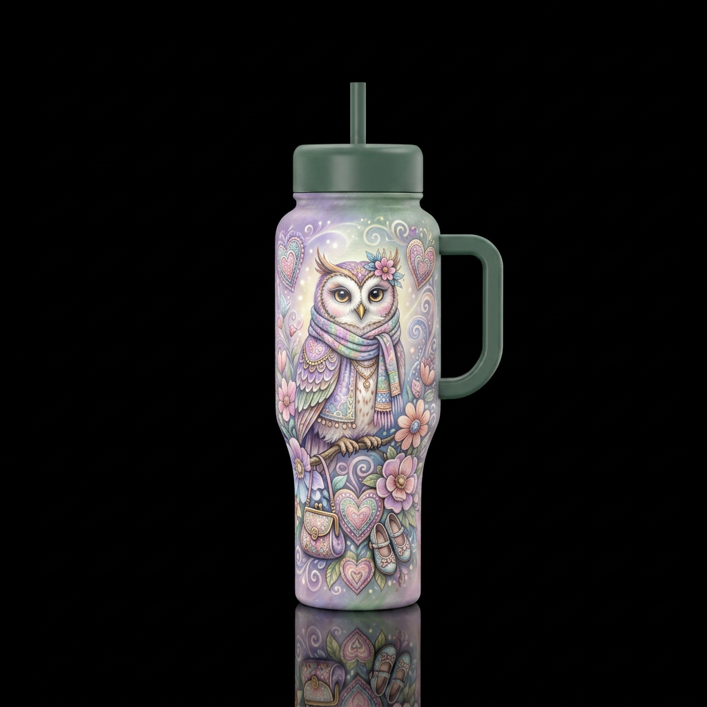 Heart Owl, owl dressed in pastel colors, fantastic... water bottle design