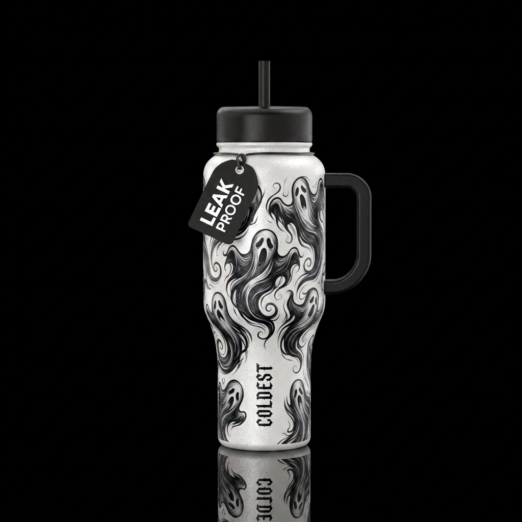 White shimmery bottle white black swirling ghosts,... water bottle design