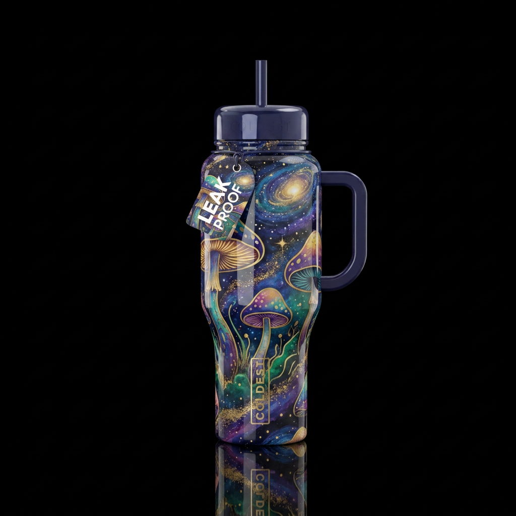 Mushroom Dreams on a Starry Night water bottle design