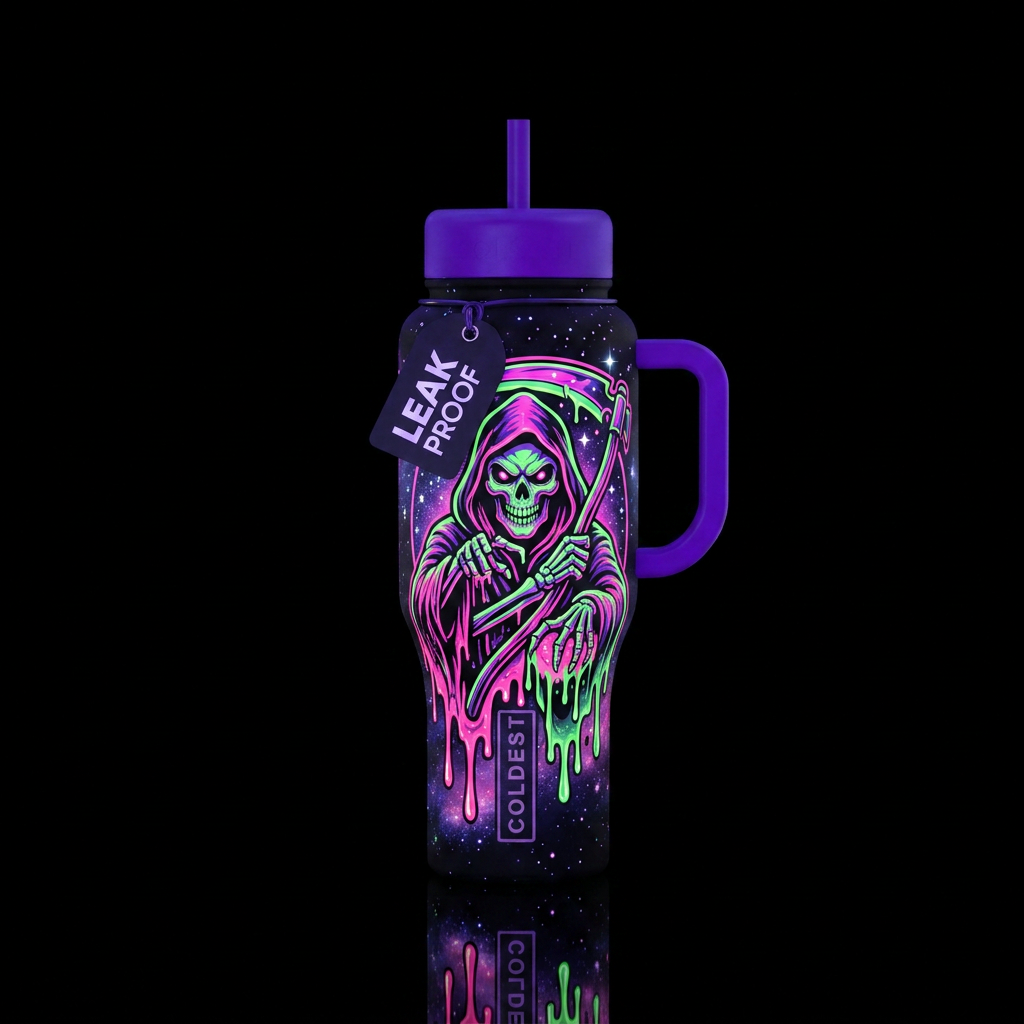 The reaper in pink, green and purple neon, starry,... water bottle design