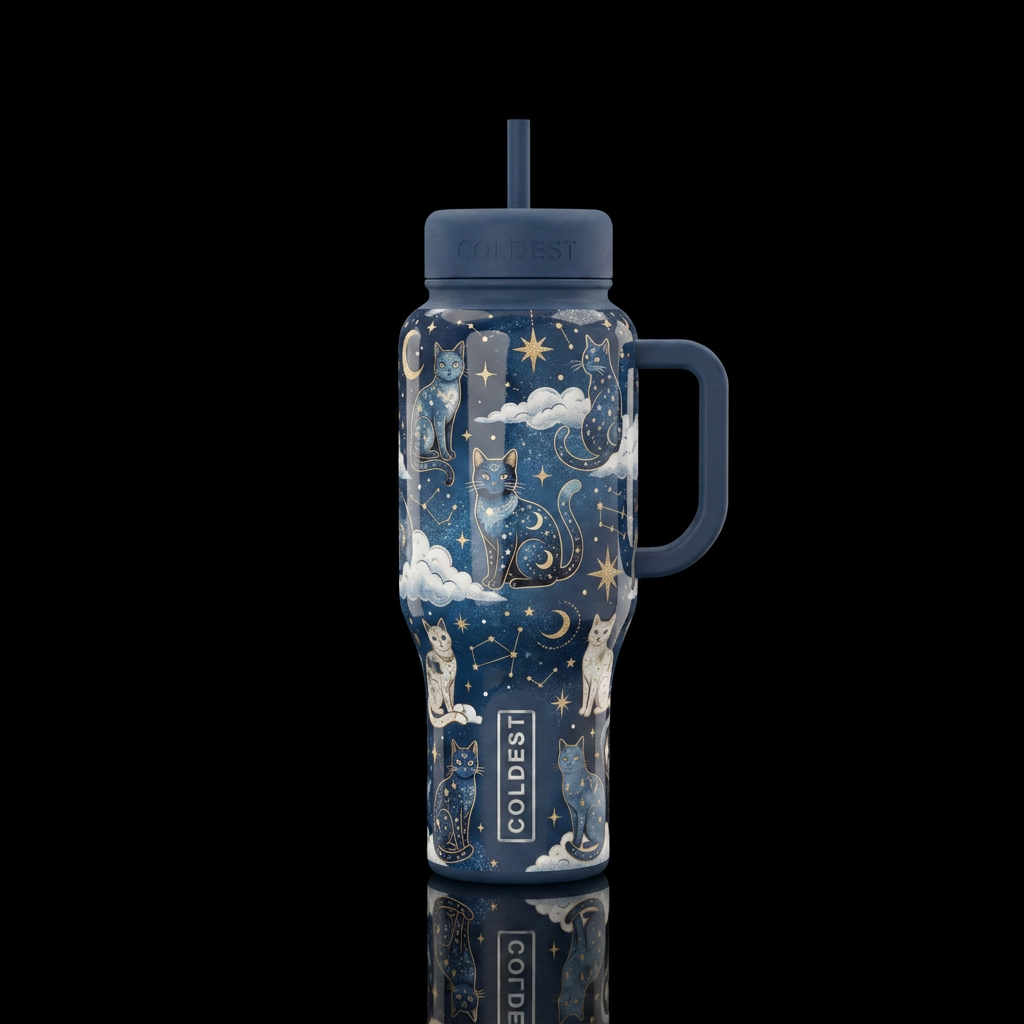 Charmed Cats, celestial, stars, moons, vintage, bo... water bottle design