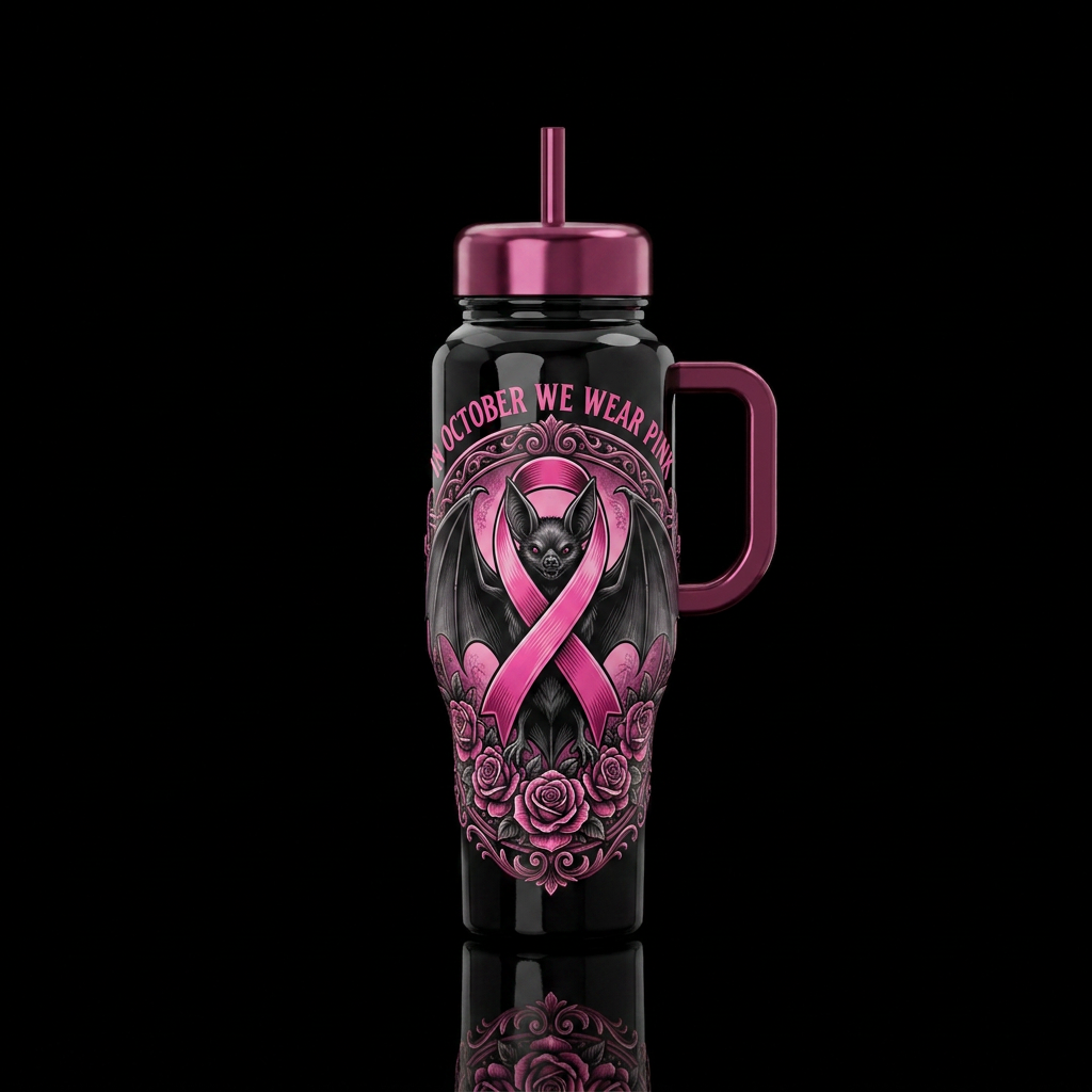 In October We Wear Pink, very large black bat with... water bottle design