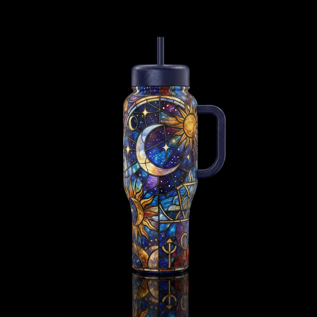 Celestial Stained Glass Witchy Night Sky water bottle design