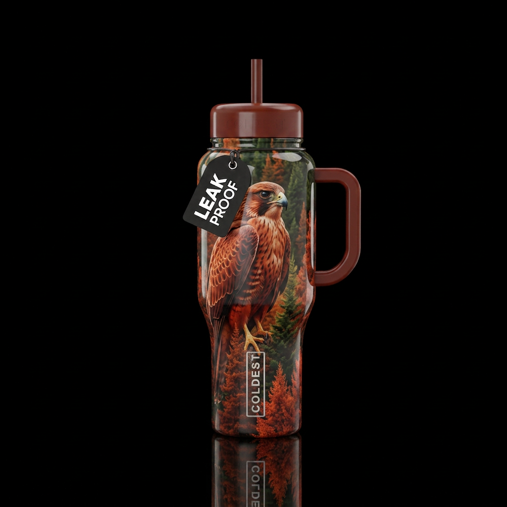 falcon, sienna, beautiul, vibrant, realism, trees,... water bottle design
