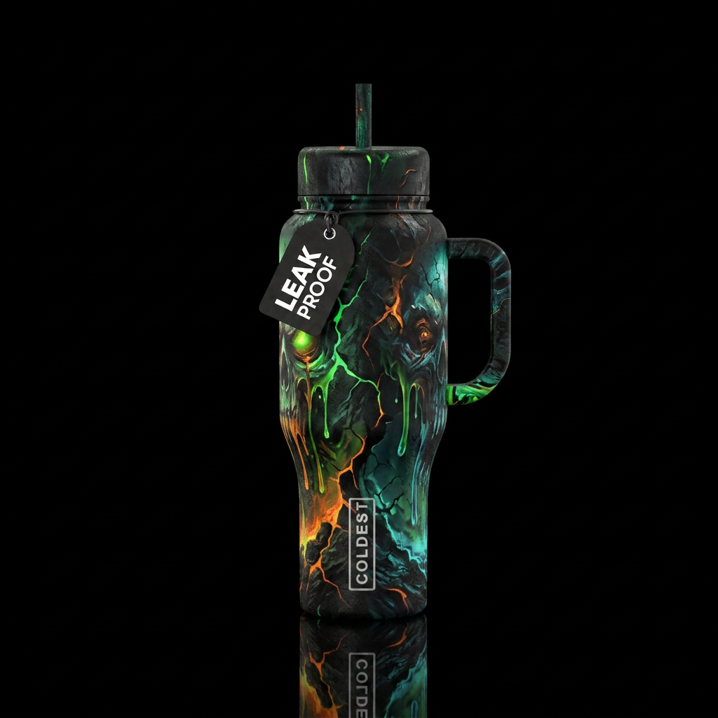 apocalyptic, glowie, scary, dripping, dark mood, a... water bottle design