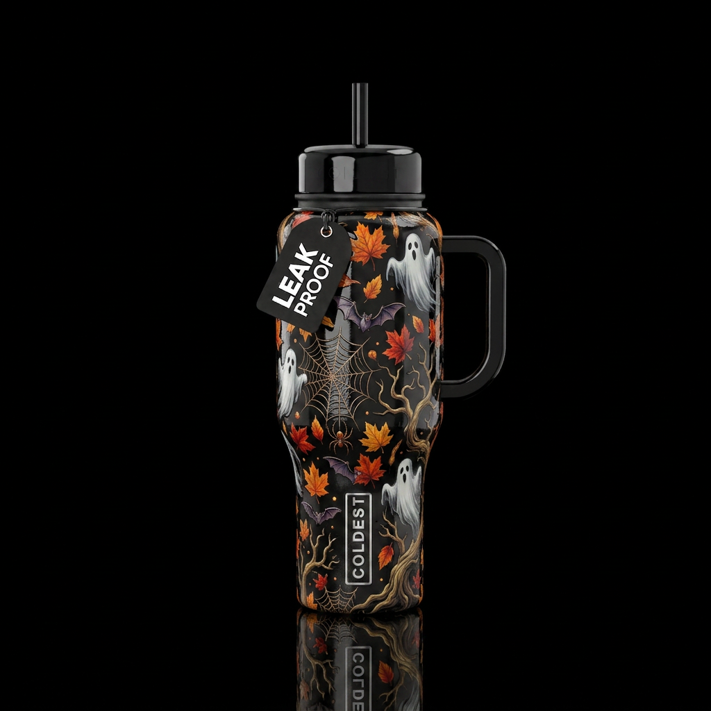 Autumn Halloween, fall ghosts, bats, spiders and w... water bottle design