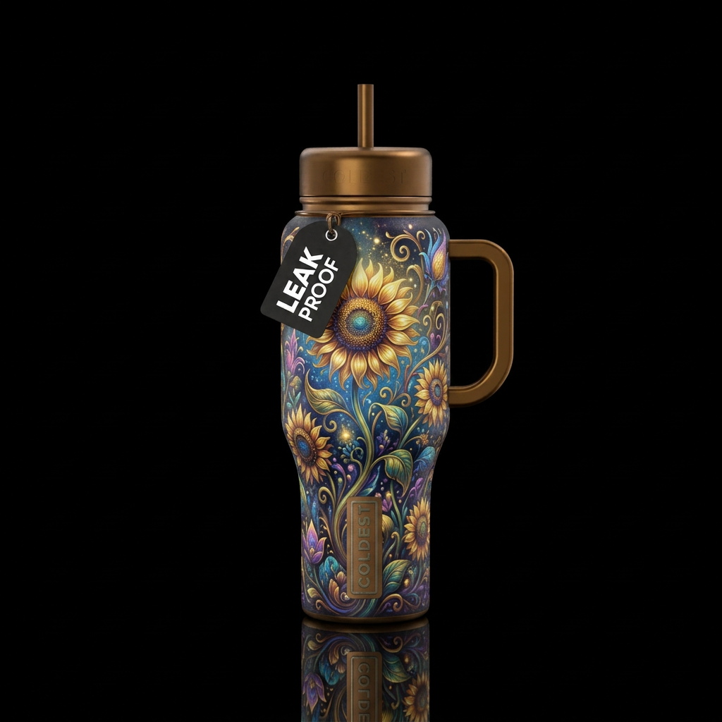 sunflower, fantasy, magical, whimsical, dramatic, ... water bottle design