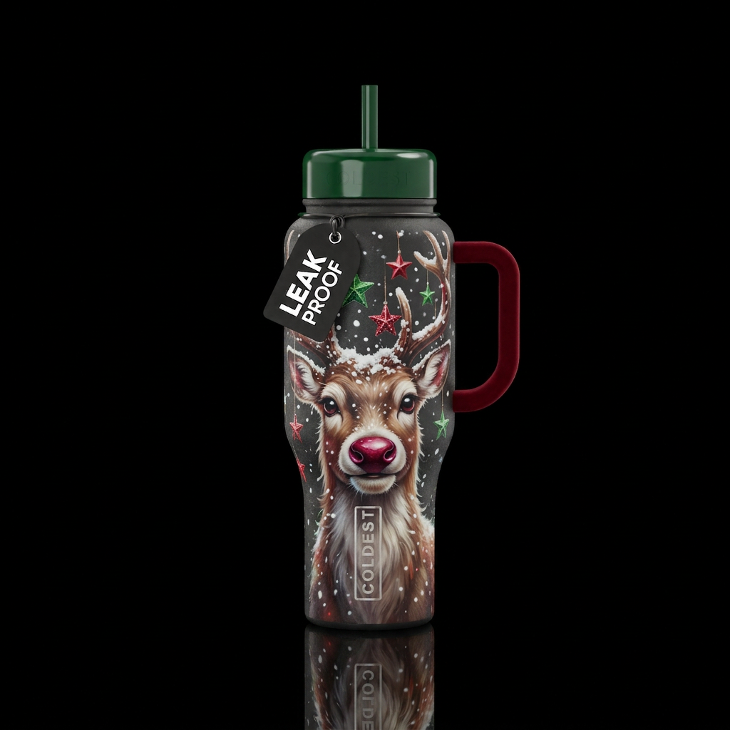 A Reindeer face up close, red and green stars, rea... water bottle design