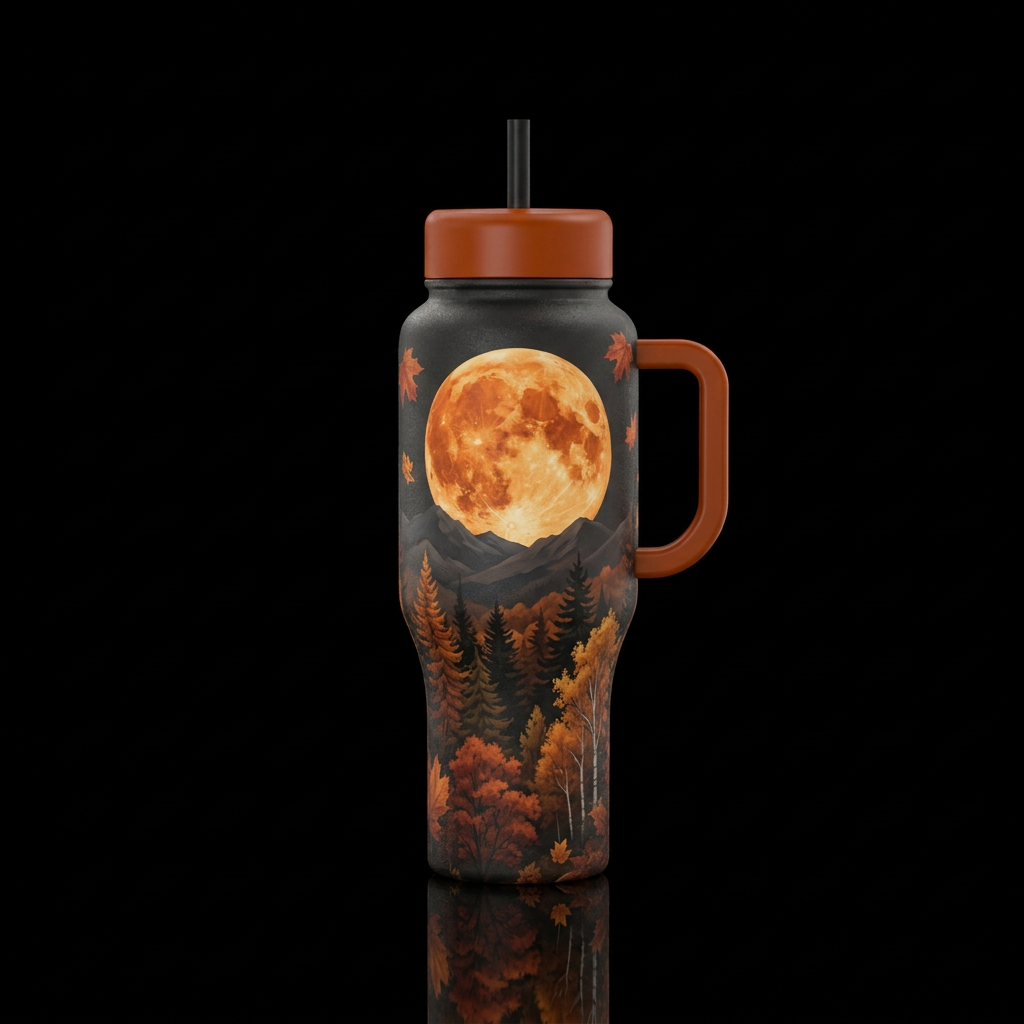 Fall Harvest Moon, Orange over dark mountains and ... water bottle design