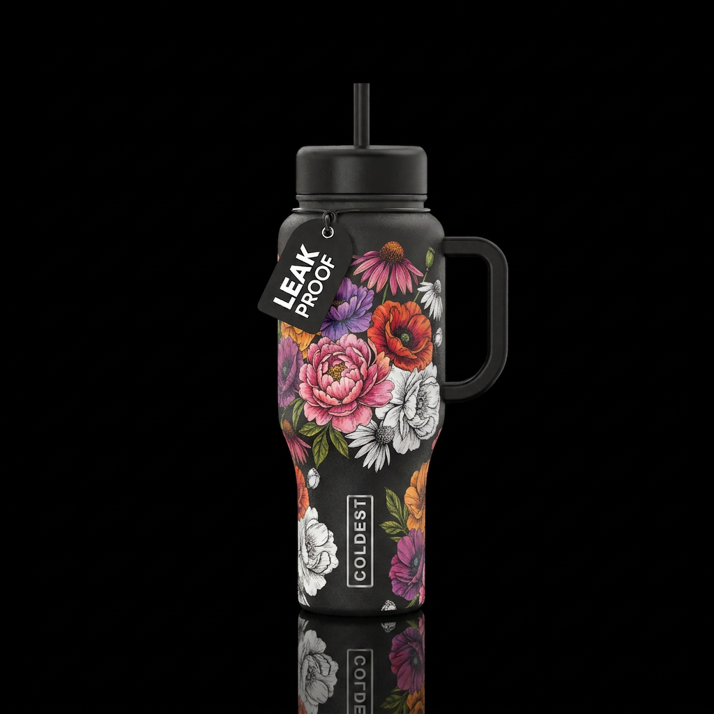 Floral, peonies, poppies, cone flowers, hand drawn... water bottle design