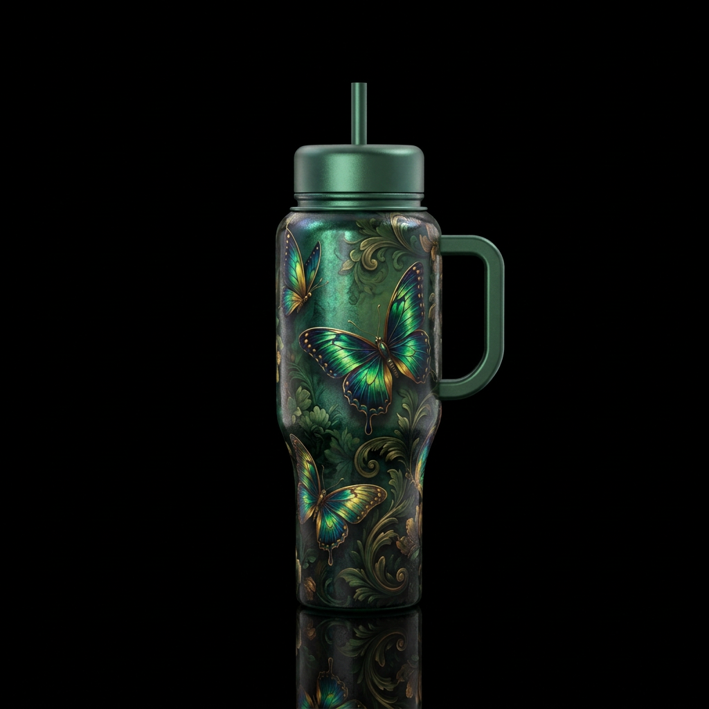 irridescent, green, darkness, butterfly, whimsical... water bottle design