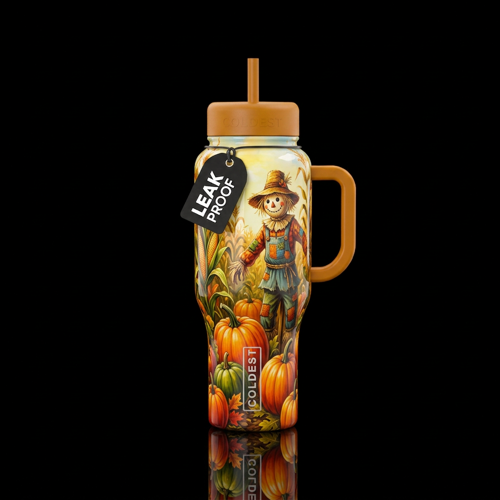 The Scarecrow and Pumpkin Patch water bottle design