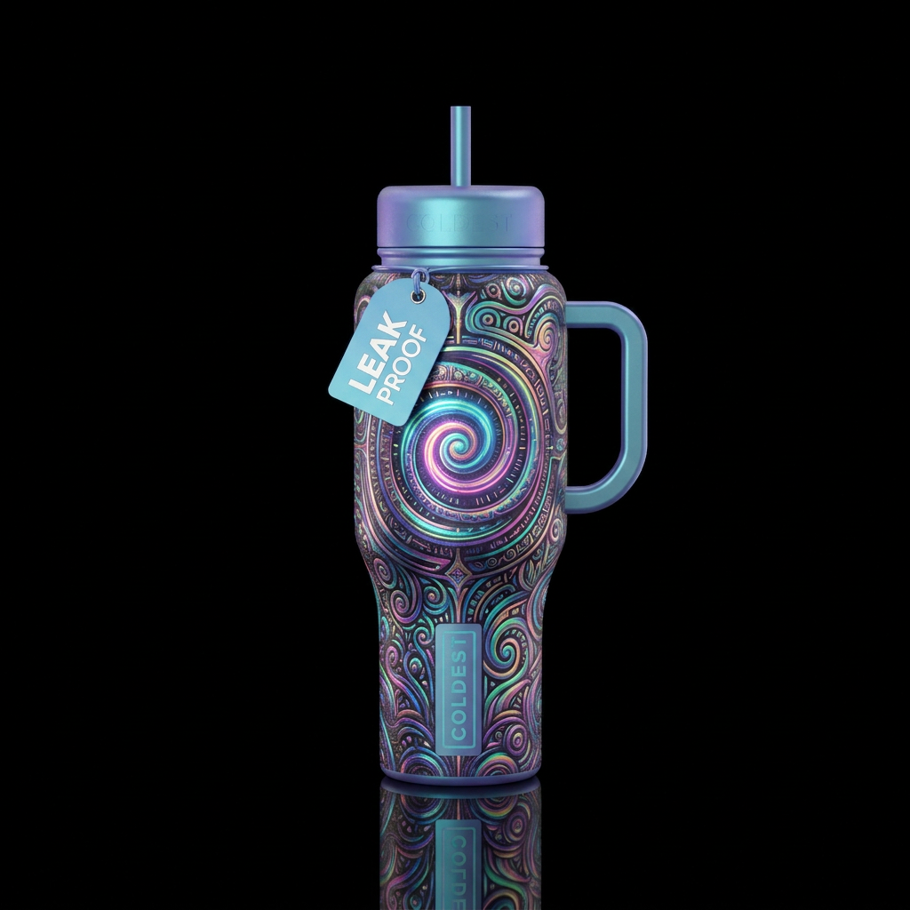 neon lights, magical, fantasy, ancient, whimsical,... water bottle design