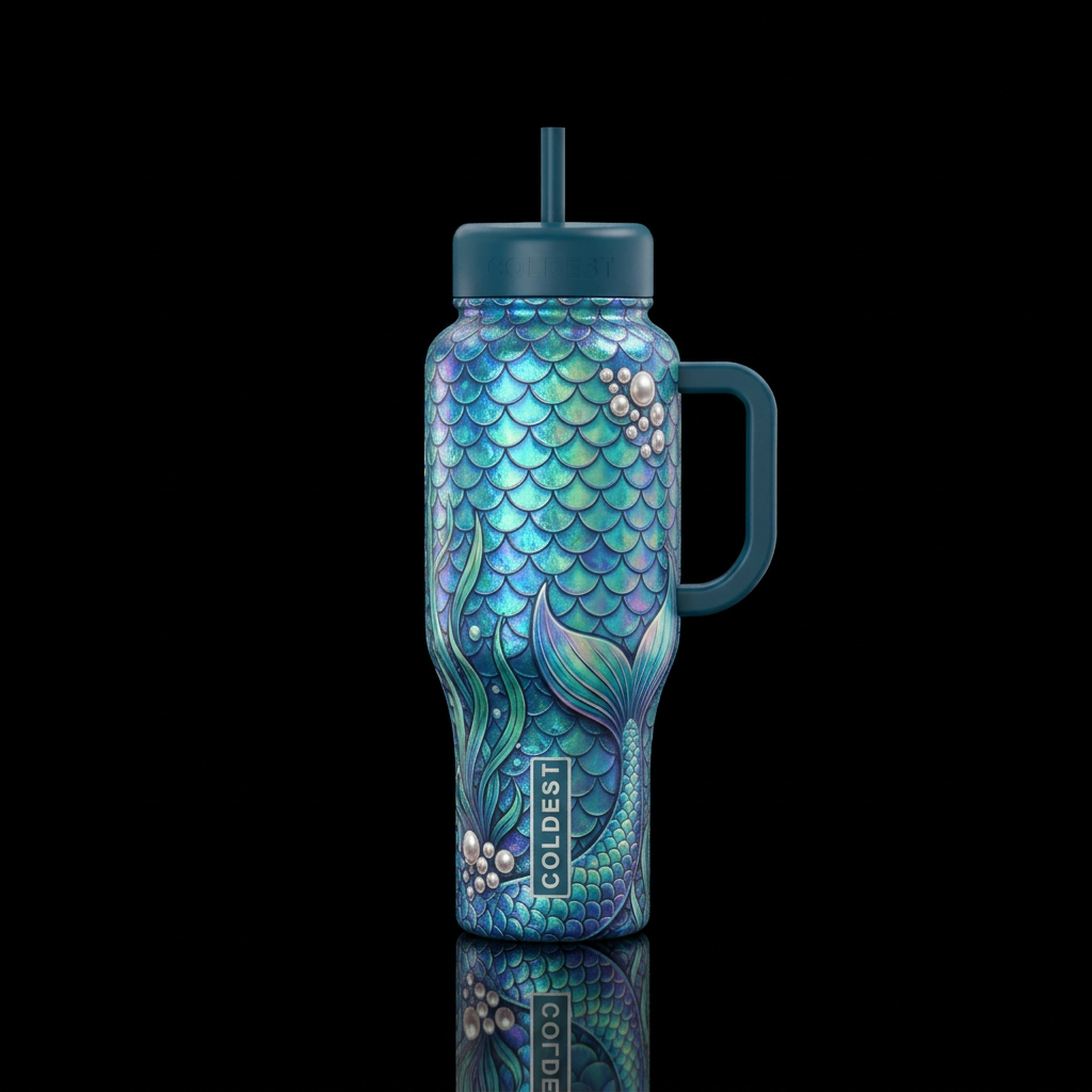 Mermaid bottle, blue green scales, iridescent, sea... water bottle design