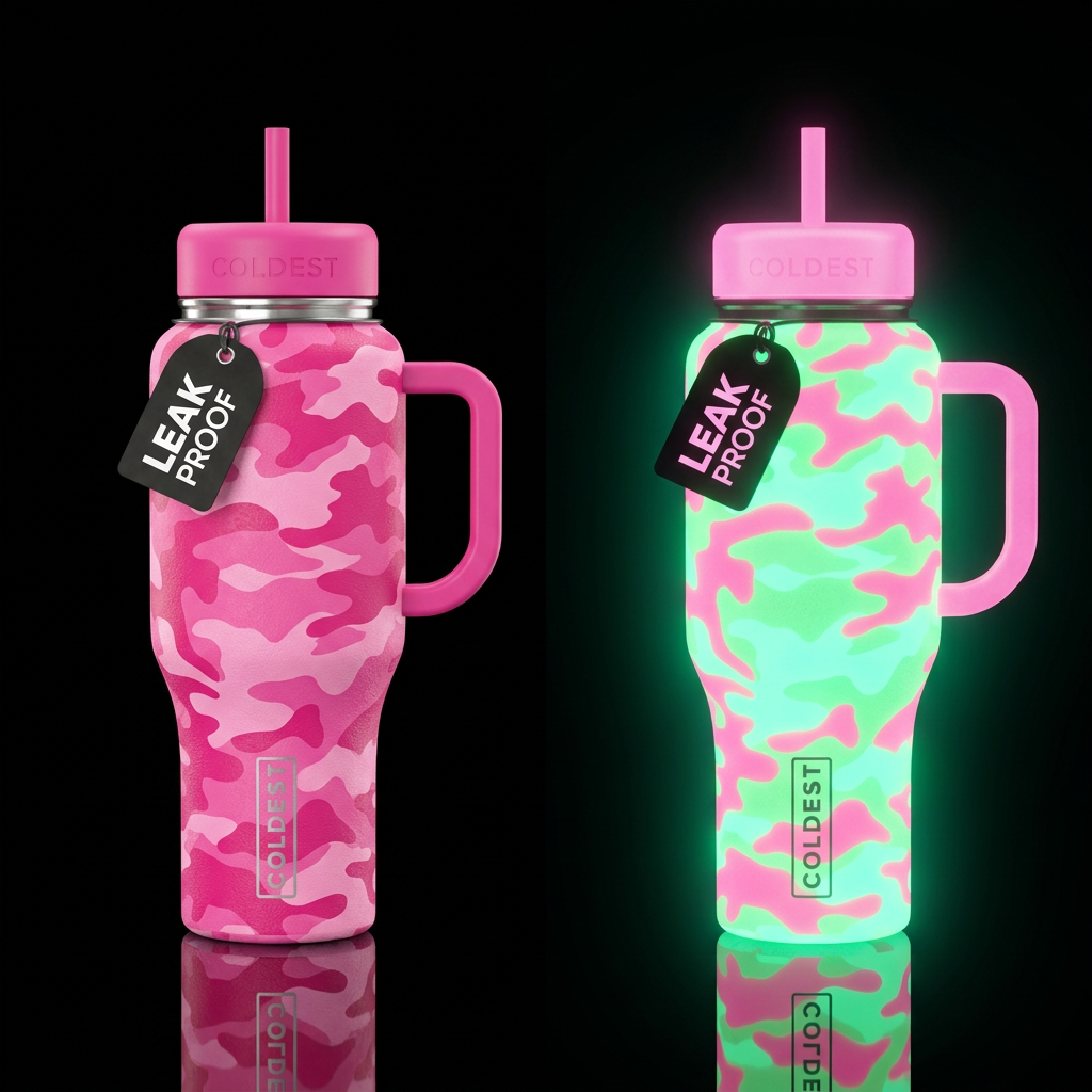Pink camo glow in the dark bottle,, show both regu... water bottle design
