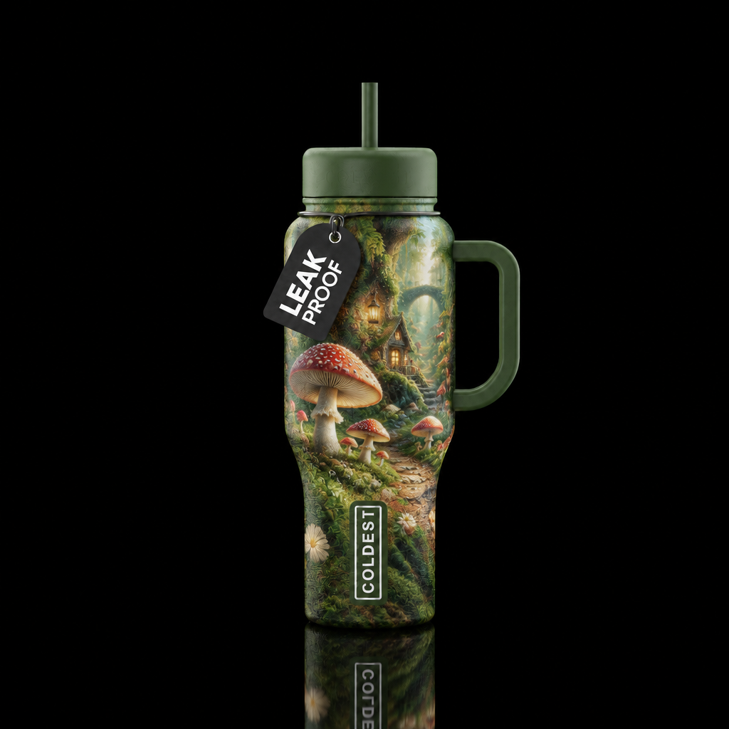mushroom forest, beautiul, fantasy, whimsical, lux... water bottle design