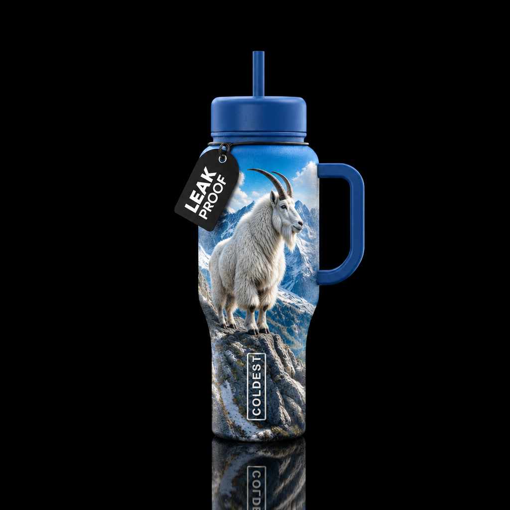 Mountain Goat realism, blue handle and lid, standi... water bottle design
