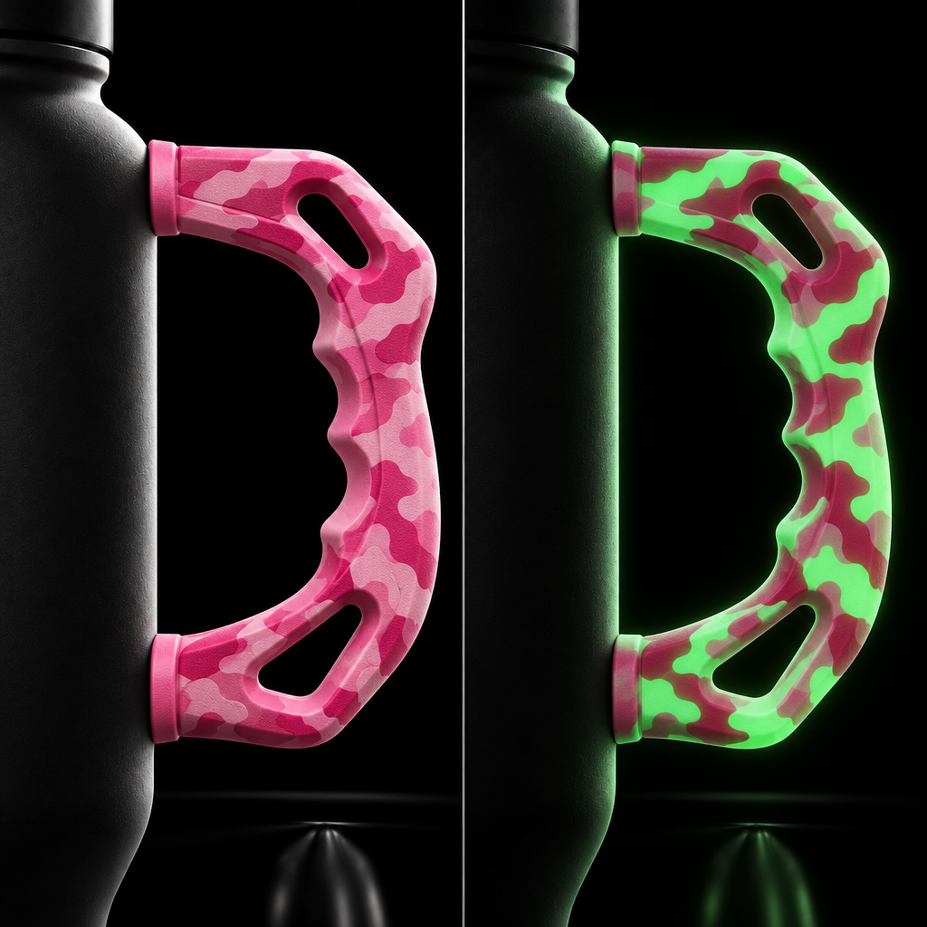Pink on pink glow in the dark camo water bottle design