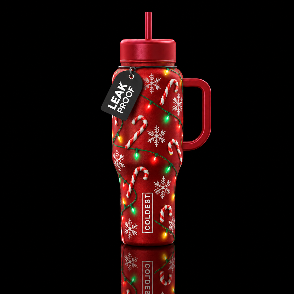 Candy canes, snow flakes, Christmas lights, red bo... water bottle design
