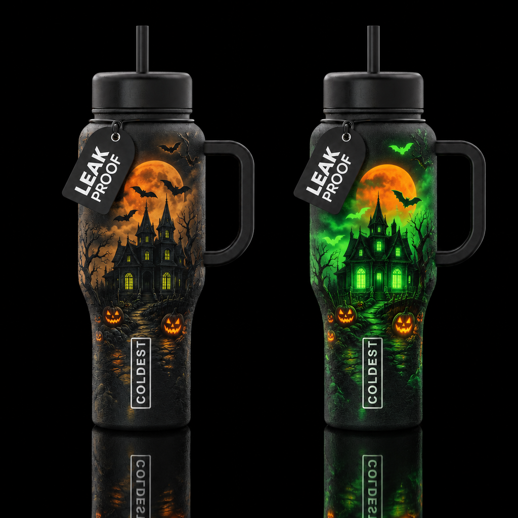 Glowie Hallowed House water bottle design