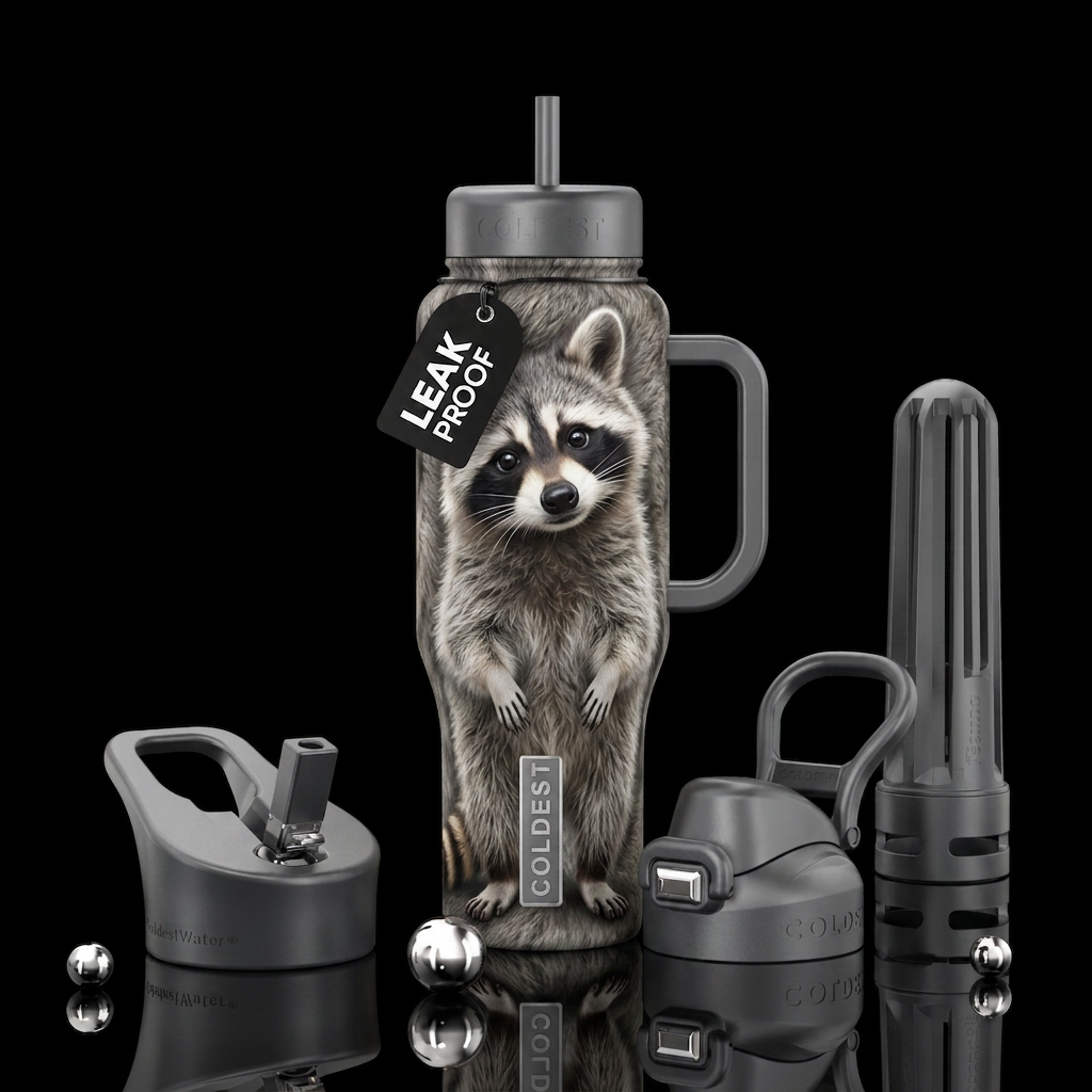 A photorealistic raccoon with soft silver-gray fur... water bottle design