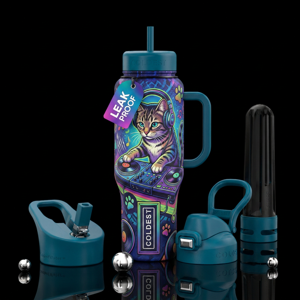 DJ cat water bottle design