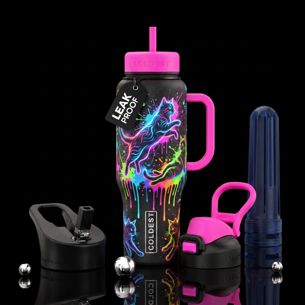 Cats with neon paint splatter and drips background water bottle design