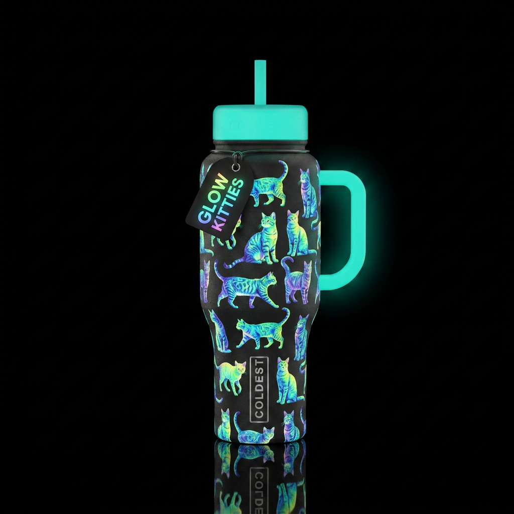 Glow in the dark cats water bottle design