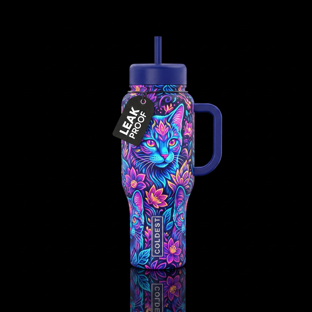 Neon floral cats water bottle design