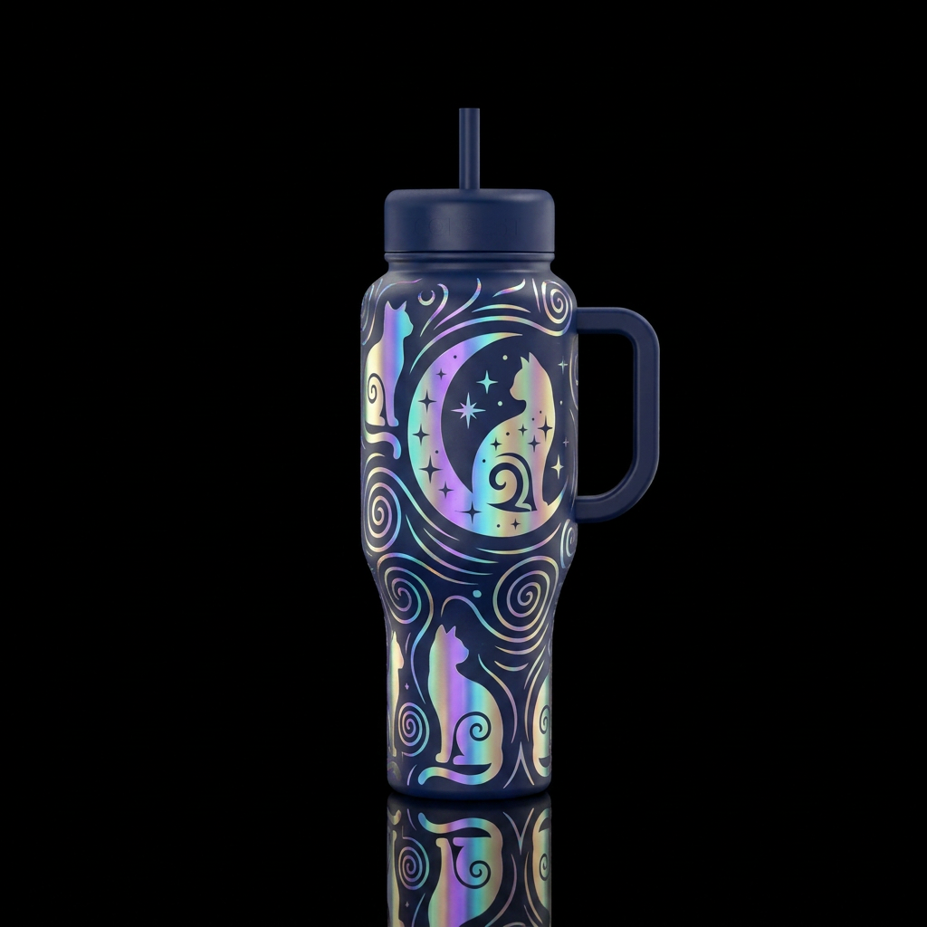 Holographic cat silhouettes with spirals. Moonligh... water bottle design