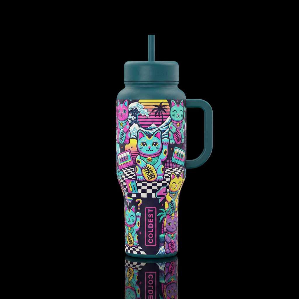 80s retro lucky cats water bottle design