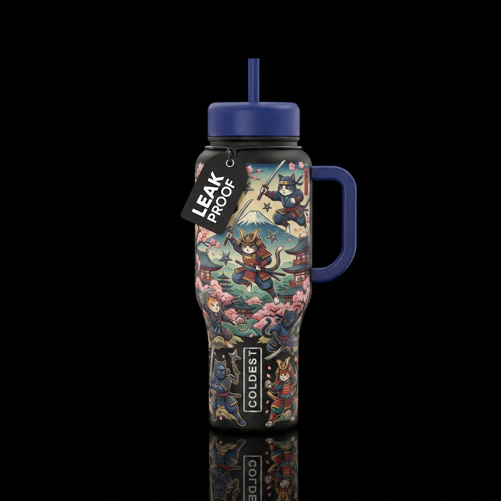 Ninja samurai cats water bottle design